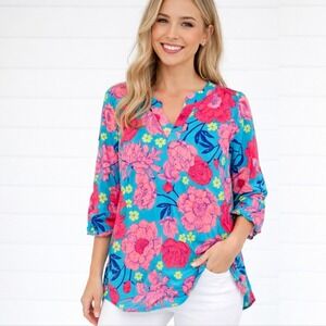Dear Scarlett Floral Tunic Top Womens Large Teal Pink 3/4 Roll Tab Sleeve